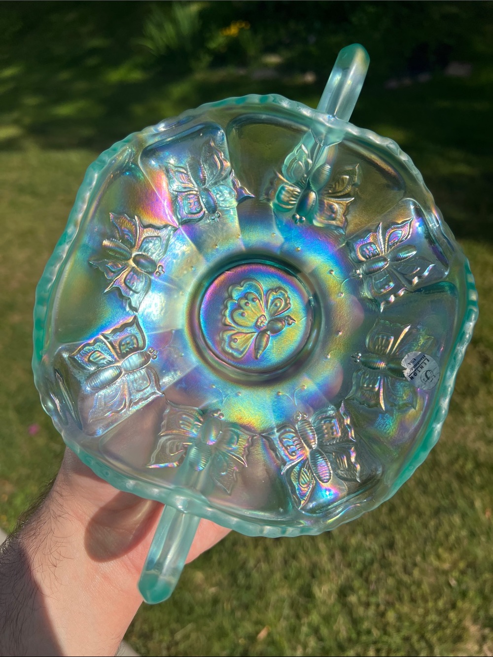 Vintage Fenton Seafoam Blue Iridescent Carnival Glass 2 Handled Butterfly Dish